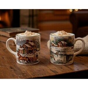 VTG The Cellar O'Tannenbaum Christmas Mugs (Set of 2) Winter Village Scenes 92